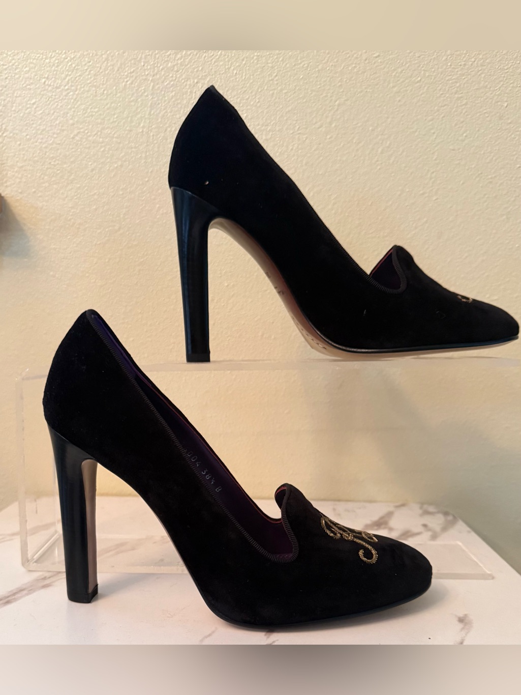 Ralph Lauren Purple Label Marion Black Suede Monogram Heels, Size 39-1/2, Nwob
